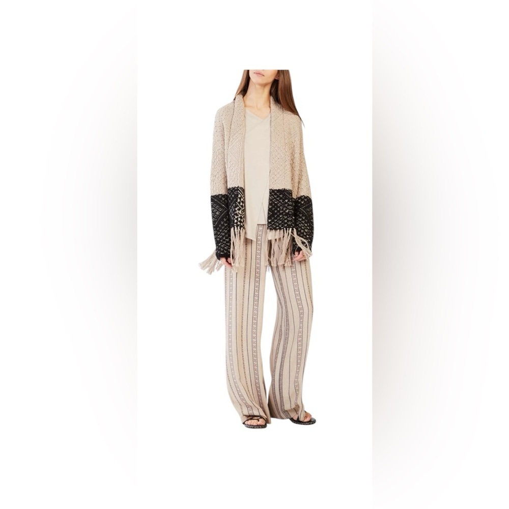 BCBG MaxAzria Eliana Jacquard Fringe Cardigan 2 Tone Pumiceco Tan/Black Sz. M/L